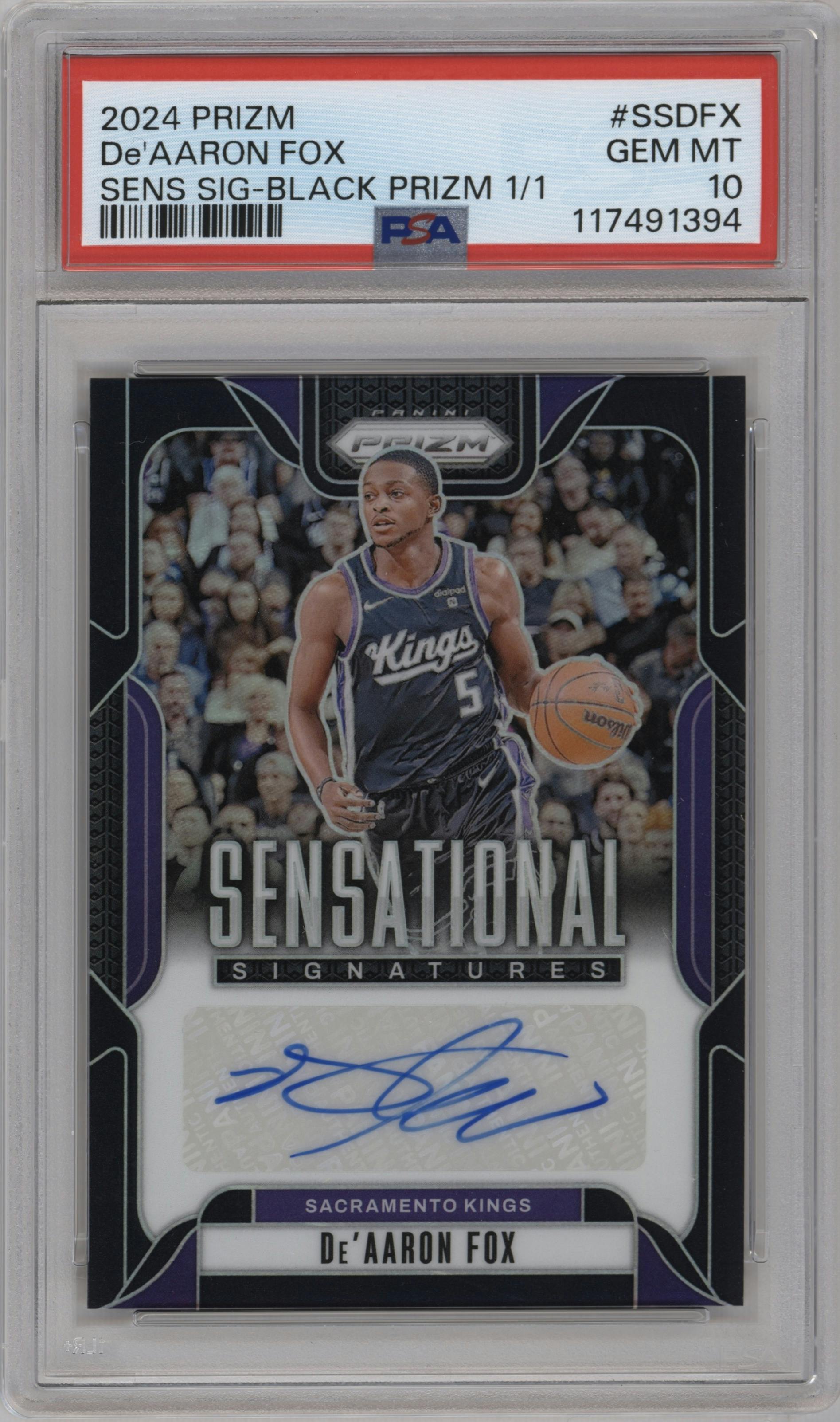 De'Aaron Fox from the 2024-25 Panini Prizm set featuring a Black Prizm parallel graded by PSA and given an overall grade of 10.