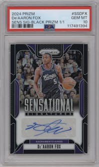 De'Aaron Fox from the 2024-25 Panini Prizm set featuring a Black Prizm parallel graded by PSA and given an overall grade of 10.