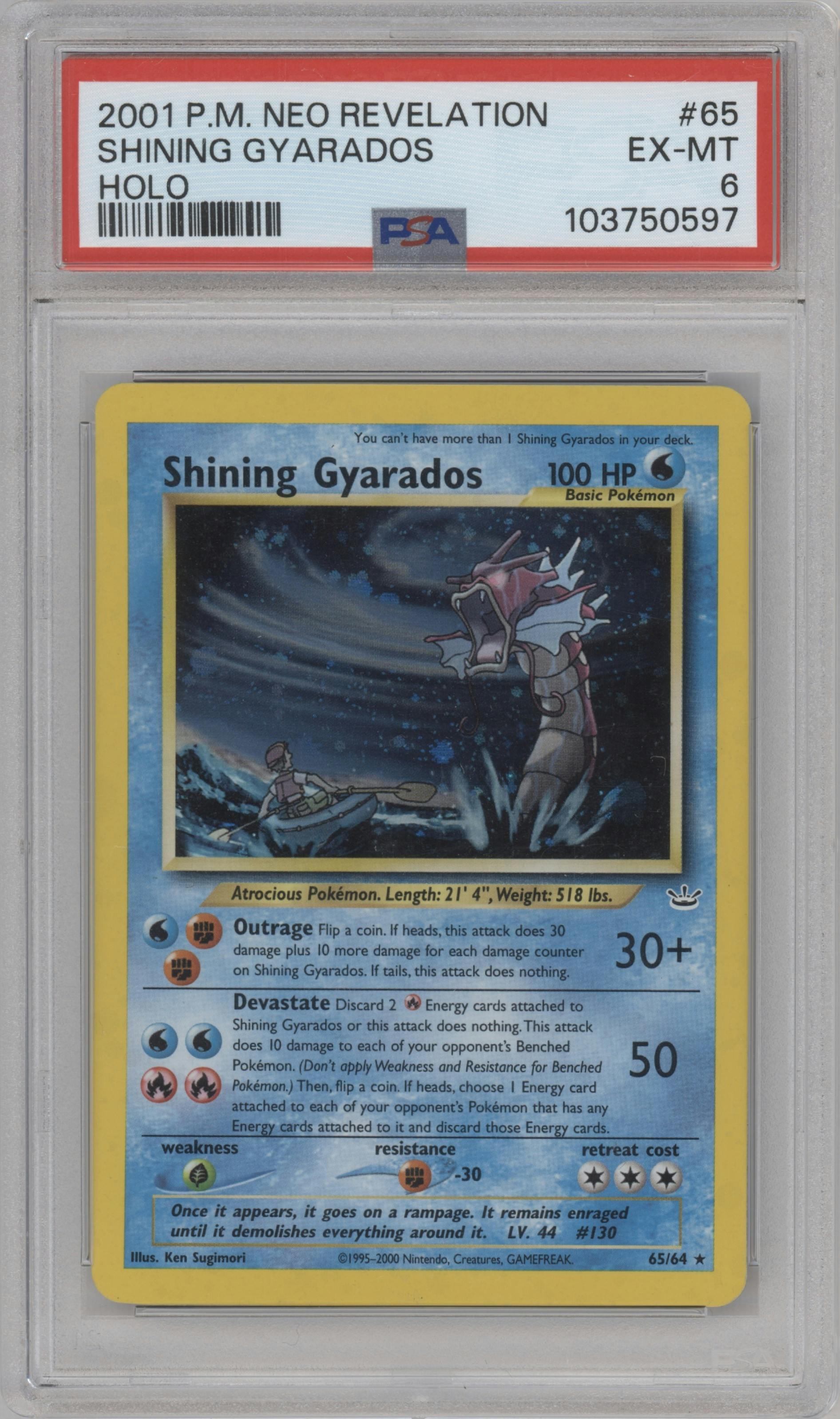 Shining Gyarados from the 2001 Pokemon Neo Genesis set graded by PSA and given an overall grade of 6.