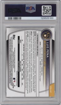 Luis Pena from the 2025 Bowman set featuring a Orange Reptilian Refractor parallel graded by PSA and given an overall grade of 9.