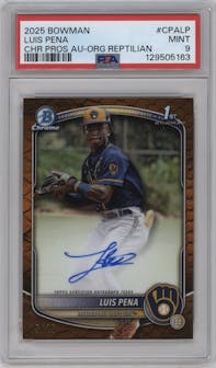 Luis Pena from the 2025 Bowman set featuring a Orange Reptilian Refractor parallel graded by PSA and given an overall grade of 9.