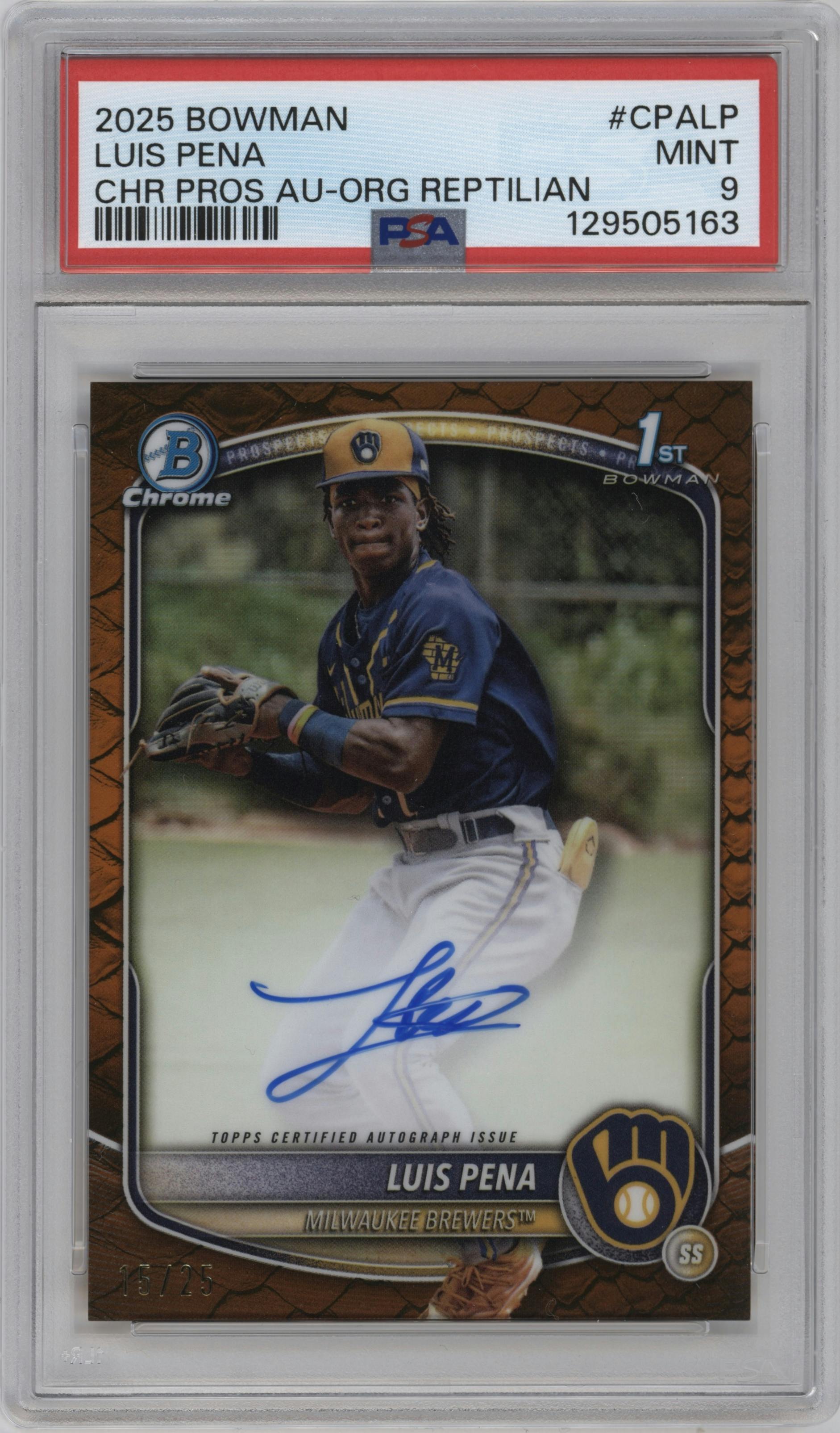 Luis Pena from the 2025 Bowman set featuring a Orange Reptilian Refractor parallel graded by PSA and given an overall grade of 9.