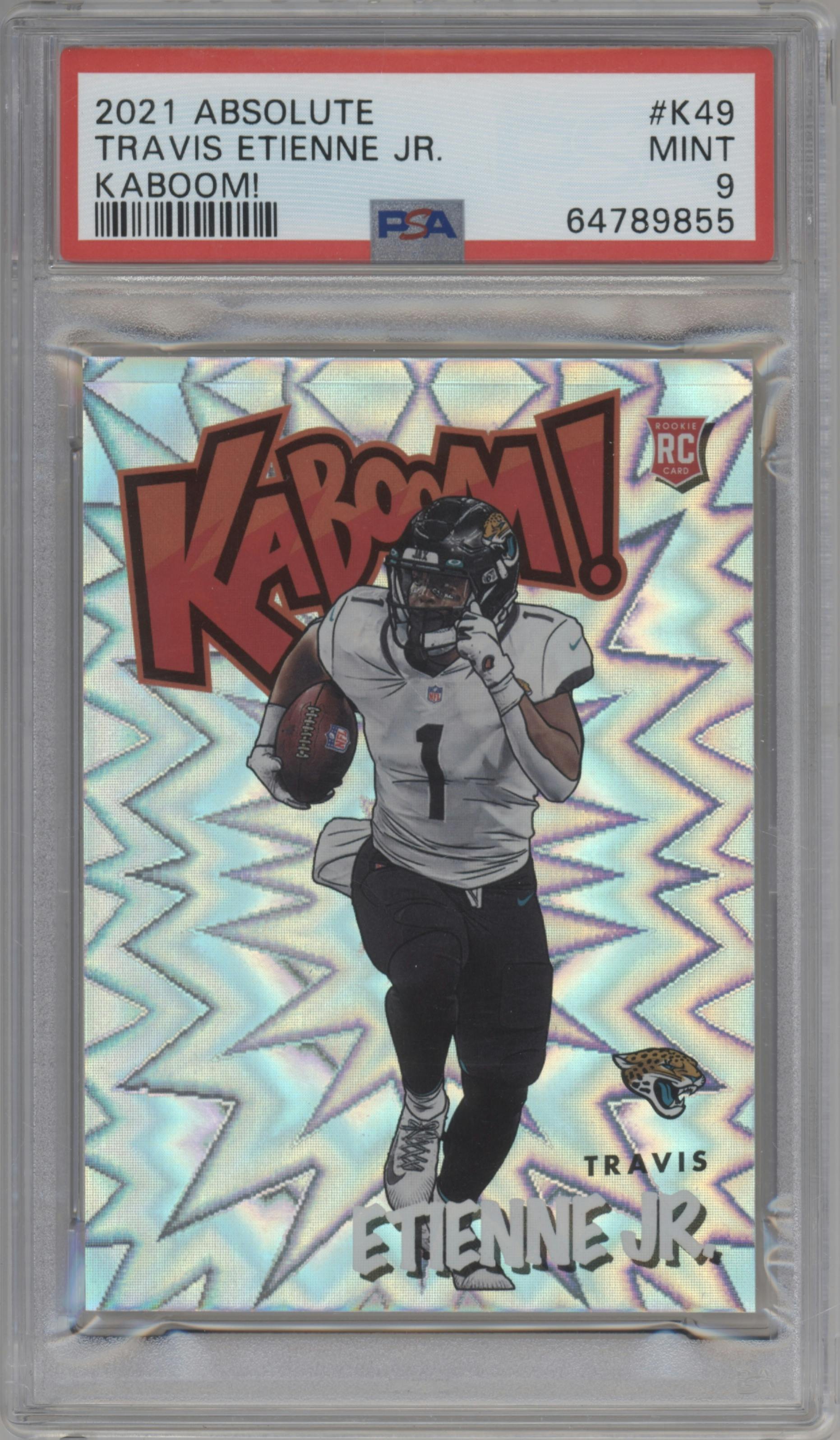 Travis Etienne Jr. from the 2021 Panini Absolute set graded by PSA and given an overall grade of 9.