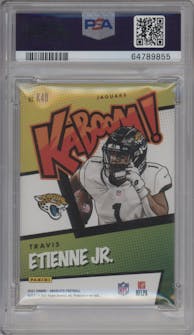 Travis Etienne Jr. from the 2021 Panini Absolute set graded by PSA and given an overall grade of 9.