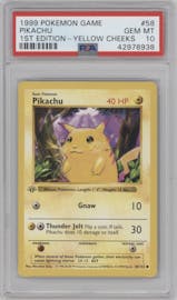 Pikachu from the 1999 Pokemon set featuring a Yellow Cheeks parallel graded by PSA and given an overall grade of 10.