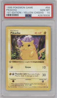 Pikachu from the 1999 Pokemon set featuring a Yellow Cheeks parallel graded by PSA and given an overall grade of 10.