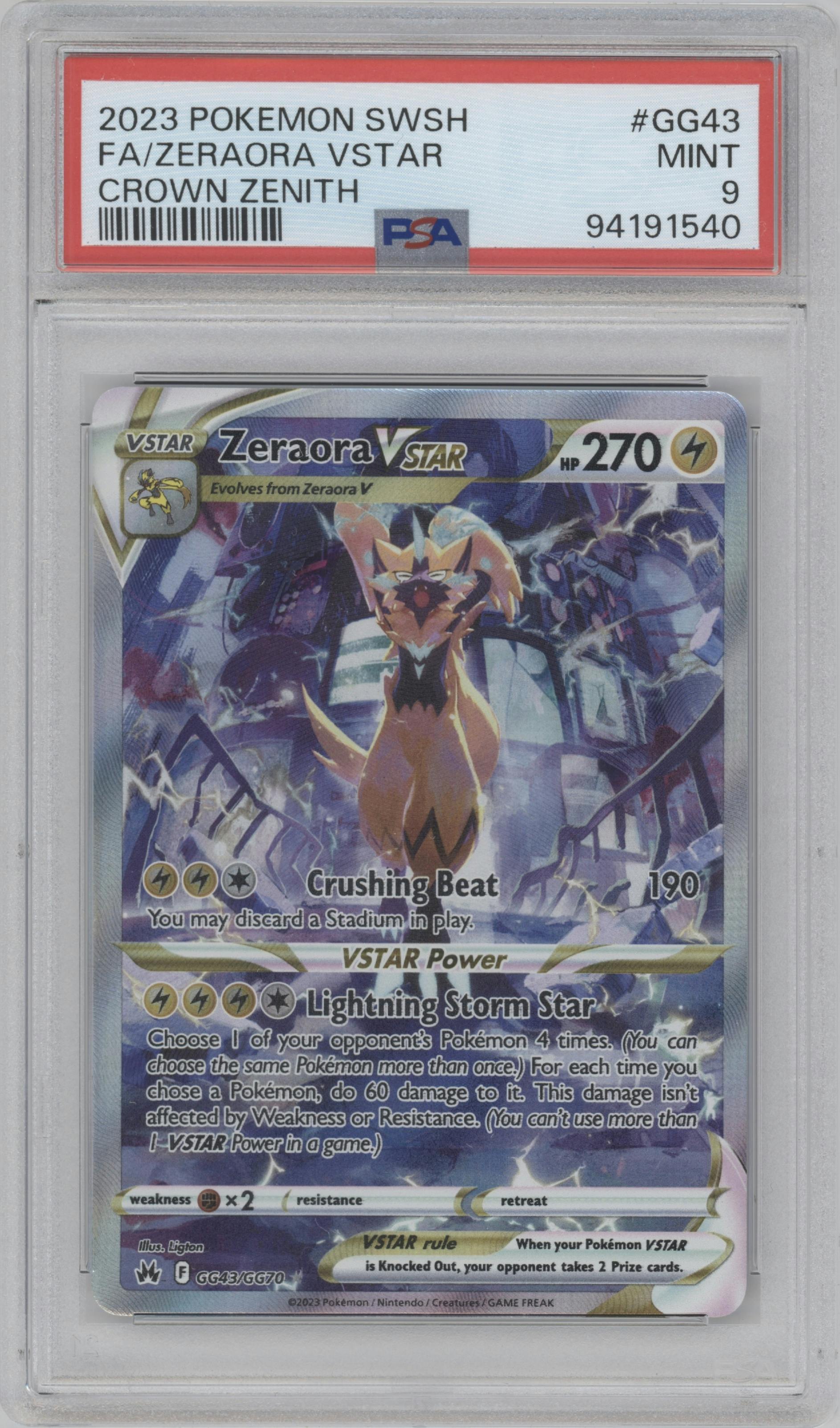 Zeraora VSTAR from the 2023 Pokemon SWSH set graded by PSA and given an overall grade of 9.