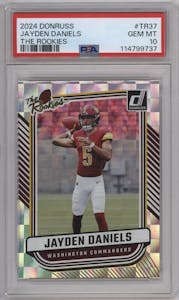 Jayden Daniels from the 2024 Donruss set graded by PSA and given an overall grade of 10.