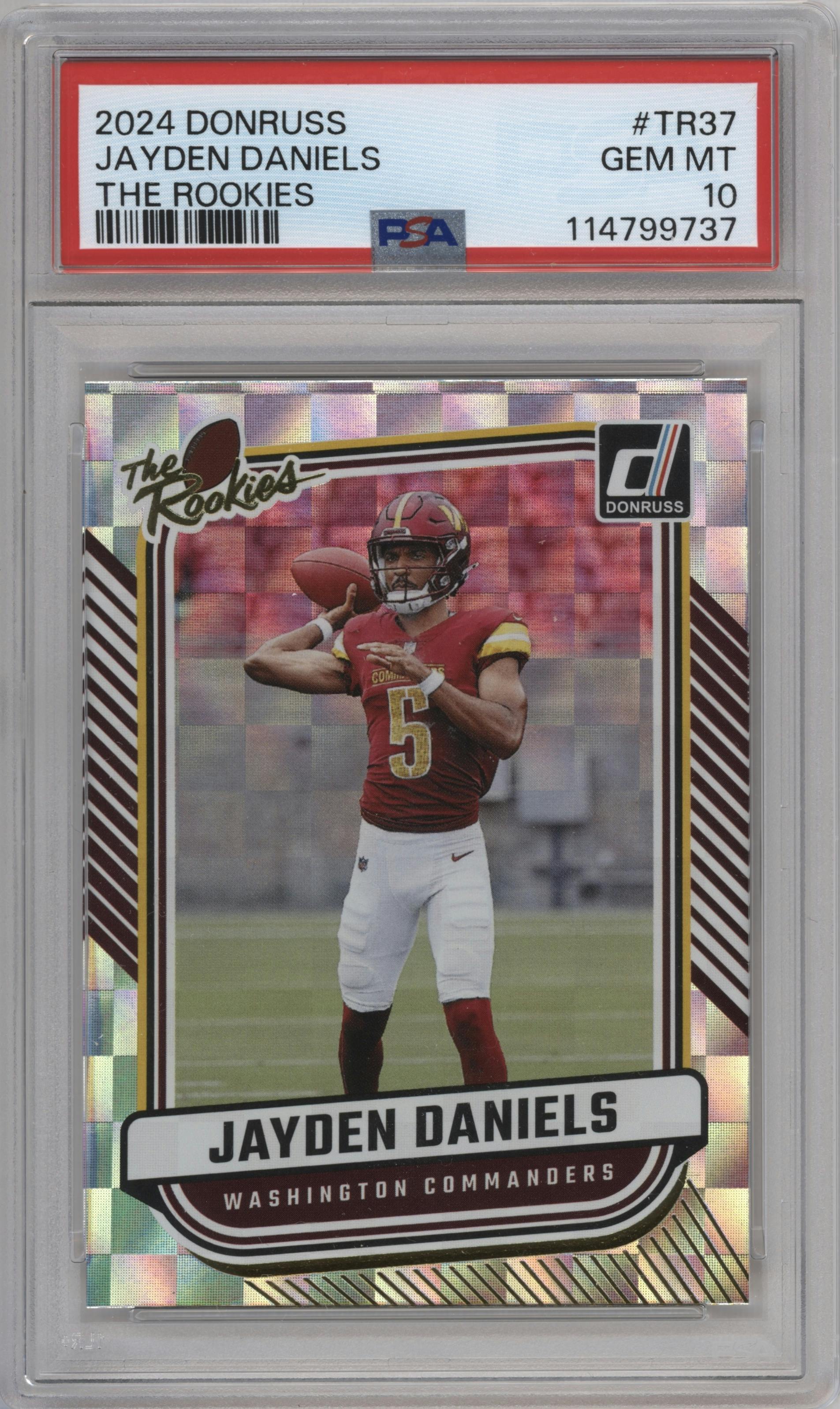 Jayden Daniels from the 2024 Donruss set graded by PSA and given an overall grade of 10.