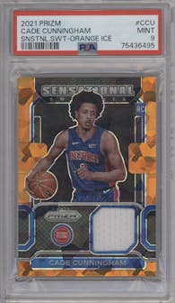 Cade Cunningham from the 2021-22 Panini Prizm  set featuring a Orange Ice parallel graded by PSA and given an overall grade of 9.