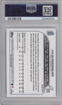 Julio Rodriguez from the 2022 Topps Series 2 set graded by PSA and given an overall grade of 10.