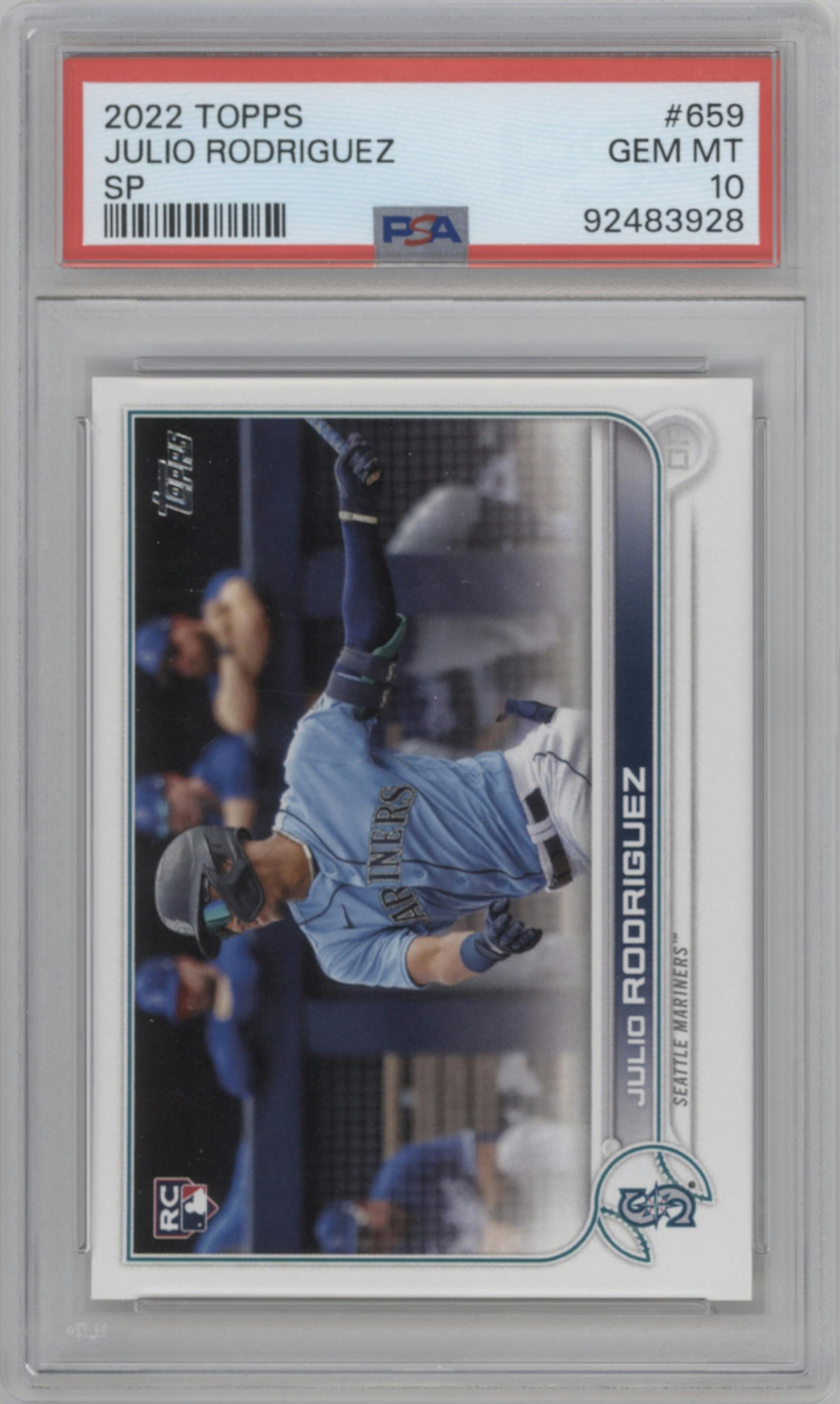 Julio Rodriguez from the 2022 Topps Series 2 set graded by PSA and given an overall grade of 10.