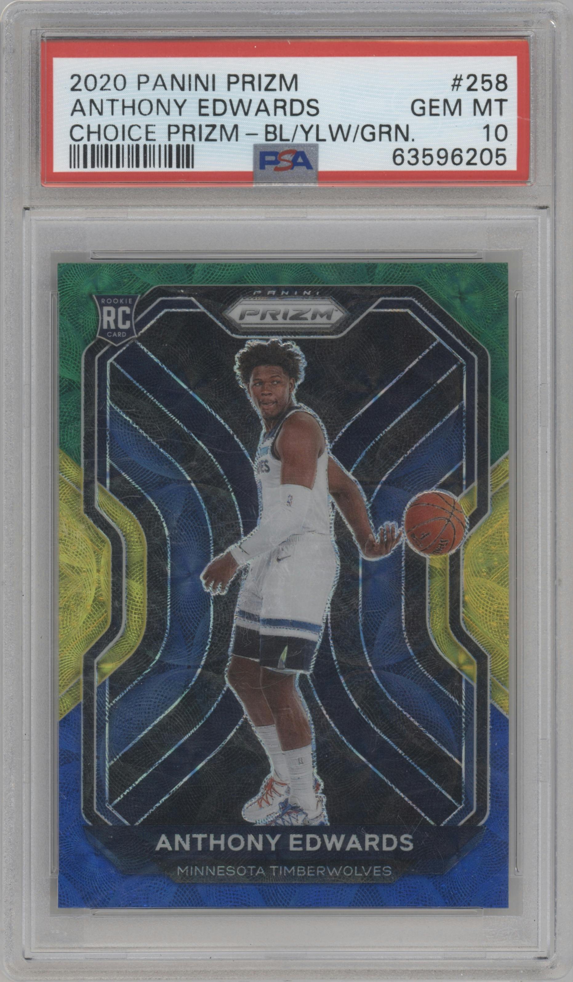 Anthony Edwards from the 2020-21 Panini Prizm set featuring a Choice Blue/Yellow/Green parallel graded by PSA and given an overall grade of 10.
