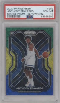 Anthony Edwards from the 2020-21 Panini Prizm set featuring a Choice Blue/Yellow/Green parallel graded by PSA and given an overall grade of 10.
