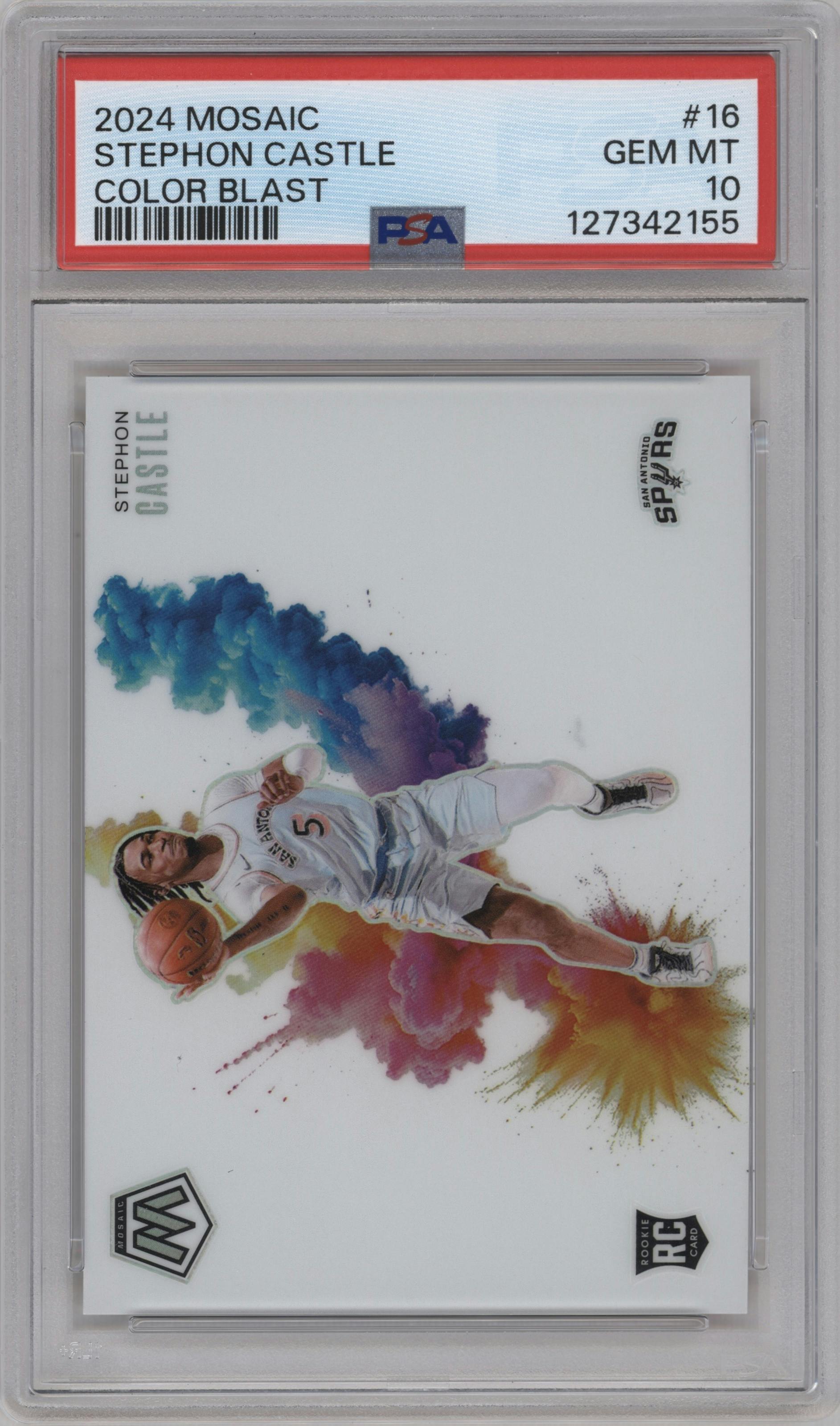 Stephon Castle from the 2024-25 Panini Mosaic set graded by PSA and given an overall grade of 10.