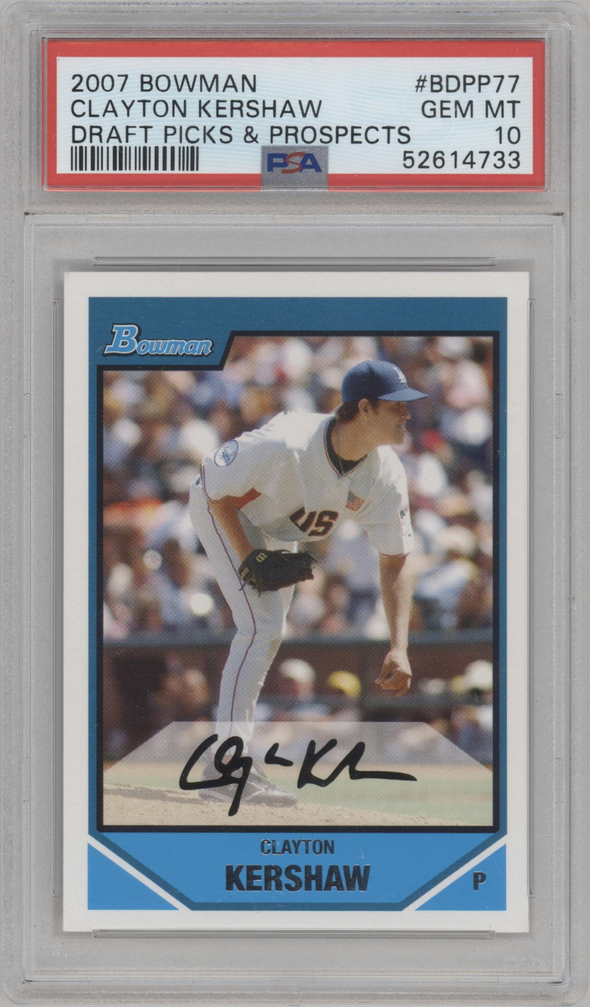 Clayton Kershaw from the 2007 Bowman set graded by PSA and given an overall grade of 10.