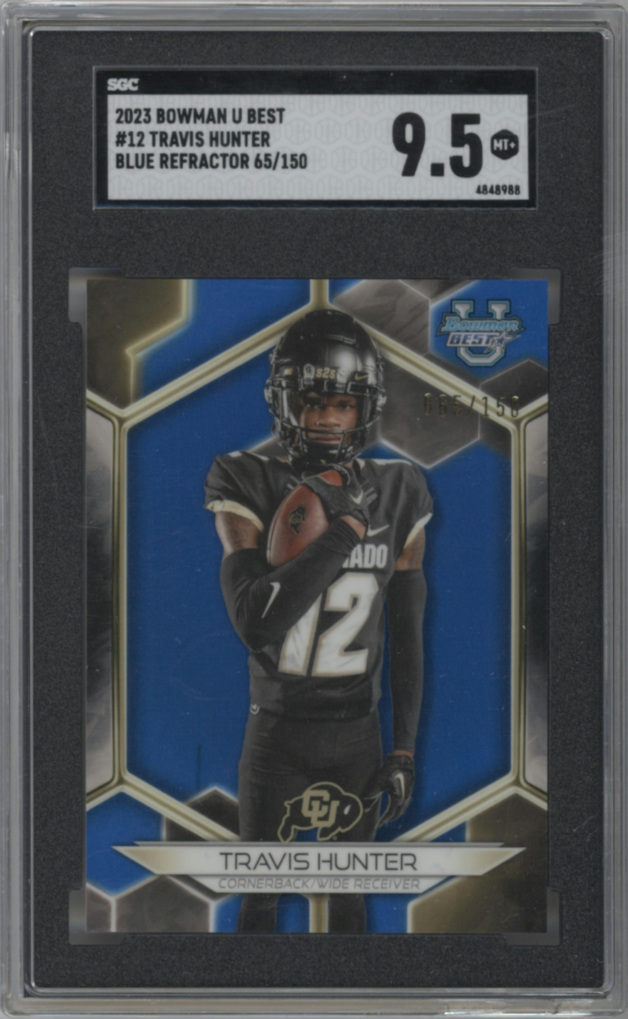 Travis Hunter from the 2023 Bowman University's Best  set featuring a Blue Refractor parallel graded by SGC and given an overall grade of 9.5.