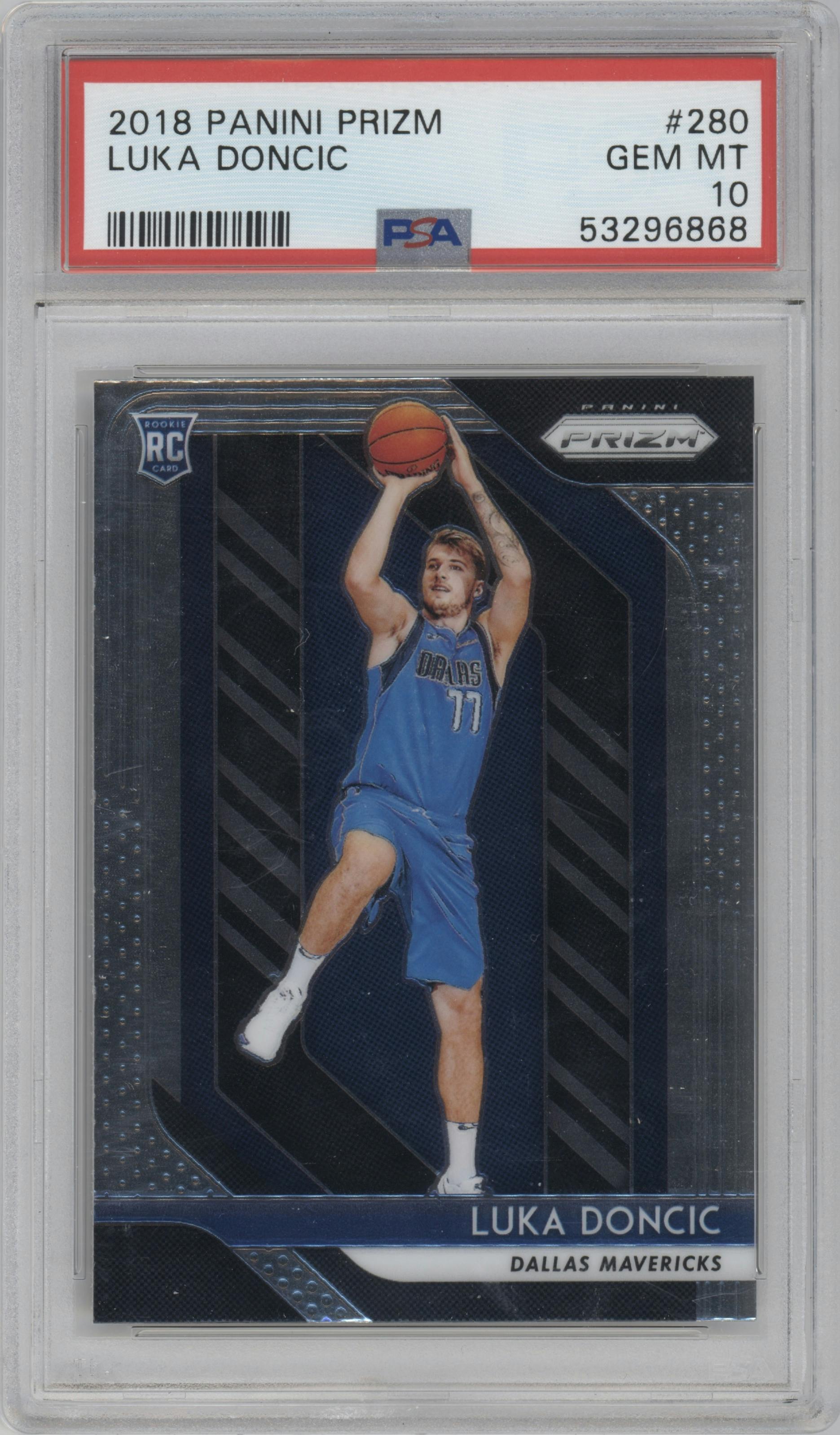 Luka Doncic from the 2018-19 Panini Prizm set graded by PSA and given an overall grade of 10.