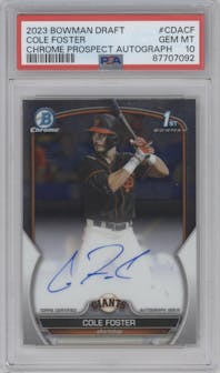 Cole Foster from the 2023 Bowman Draft set graded by PSA and given an overall grade of 10.