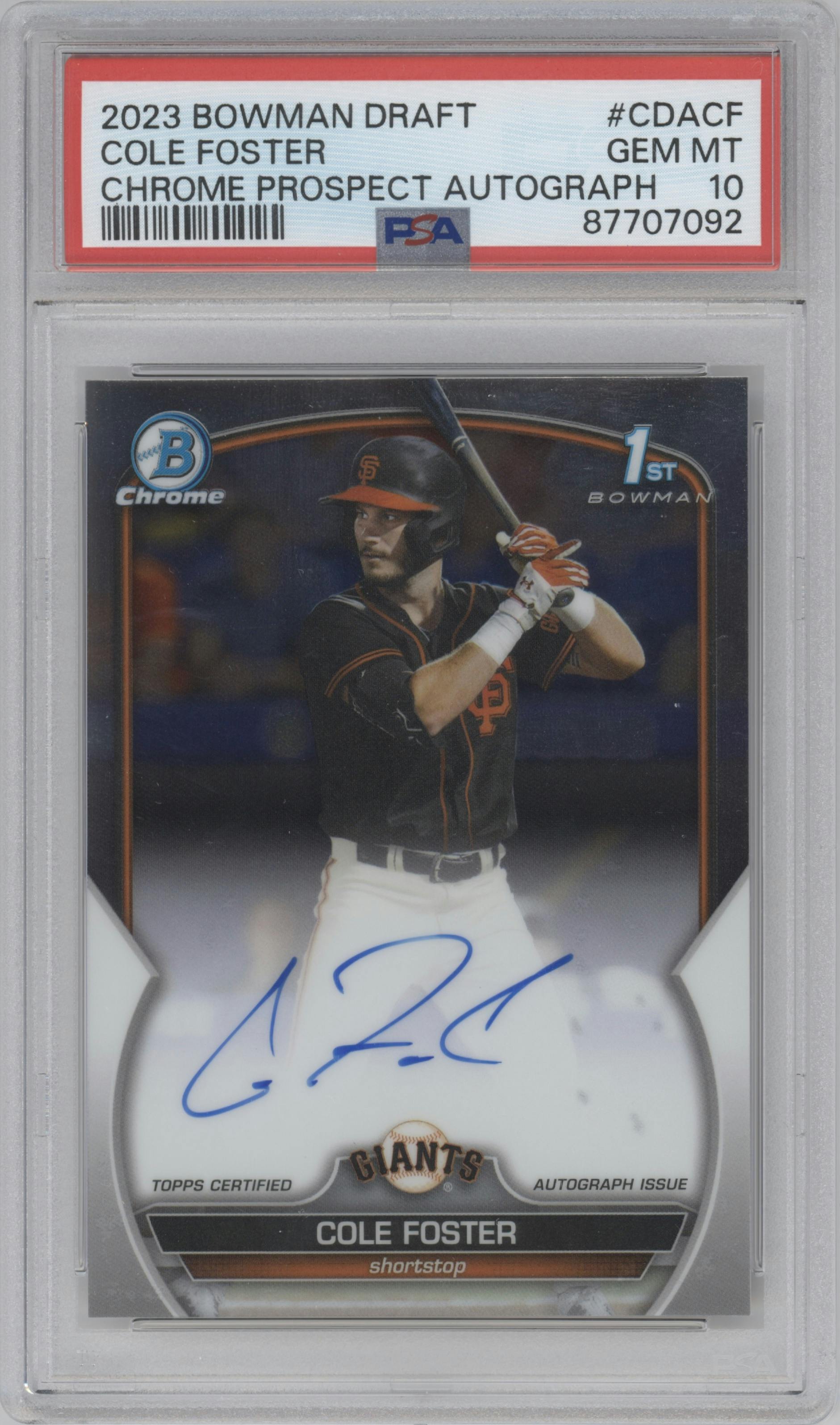 Cole Foster from the 2023 Bowman Draft set graded by PSA and given an overall grade of 10.