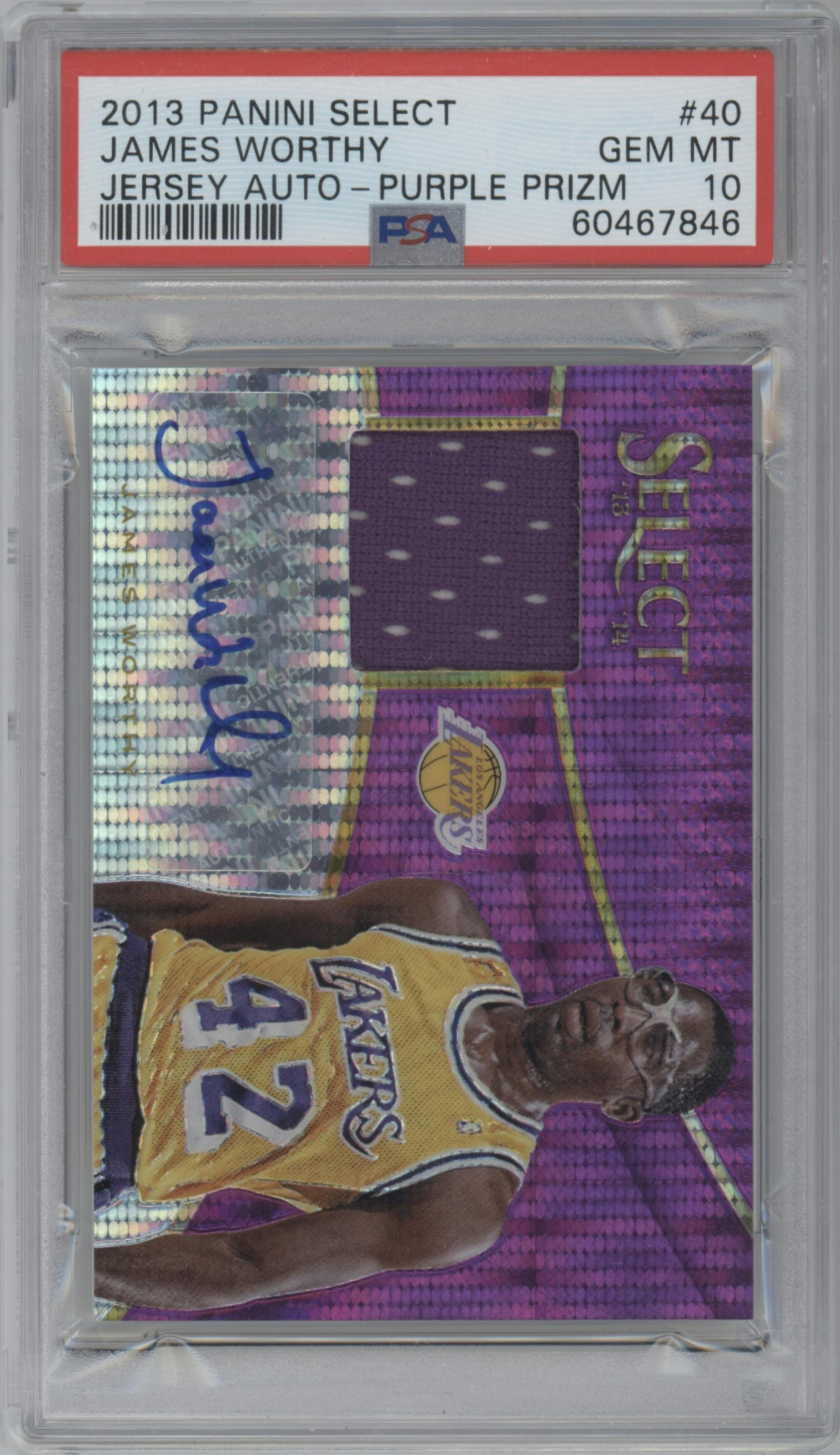 James Worthy from the 2013-14 Panini Select set featuring a Purple Prizm parallel graded by PSA and given an overall grade of 10.