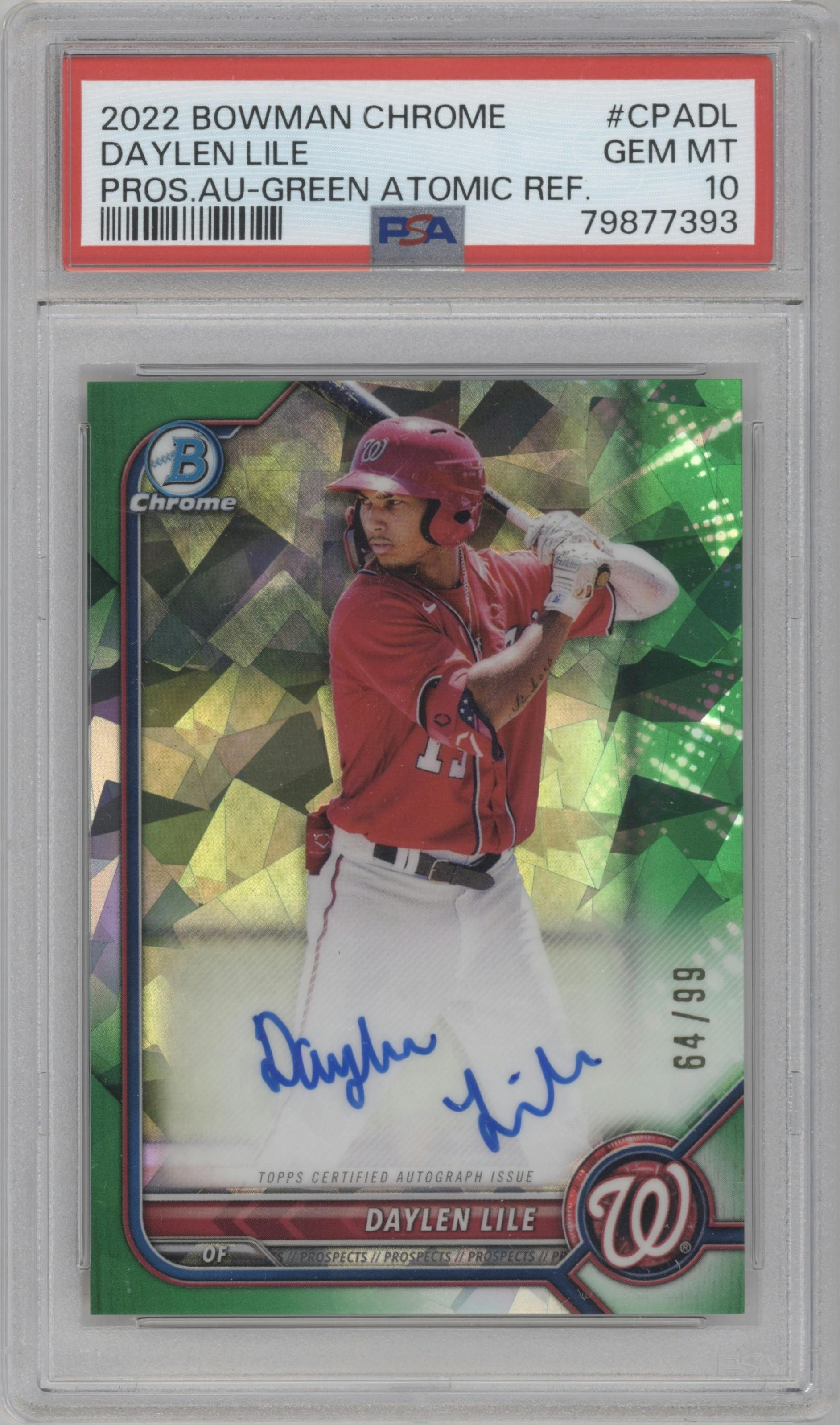 Daylen Lile from the 2022 Bowman Chrome set featuring a Green Refractor parallel graded by PSA and given an overall grade of 10.