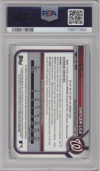 Daylen Lile from the 2022 Bowman Chrome set featuring a Green Refractor parallel graded by PSA and given an overall grade of 10.