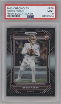Brock Purdy from the 2022 Panini Chronicles set featuring a Silver parallel graded by PSA and given an overall grade of 9.
