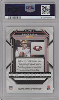 Brock Purdy from the 2022 Panini Chronicles set featuring a Silver parallel graded by PSA and given an overall grade of 9.