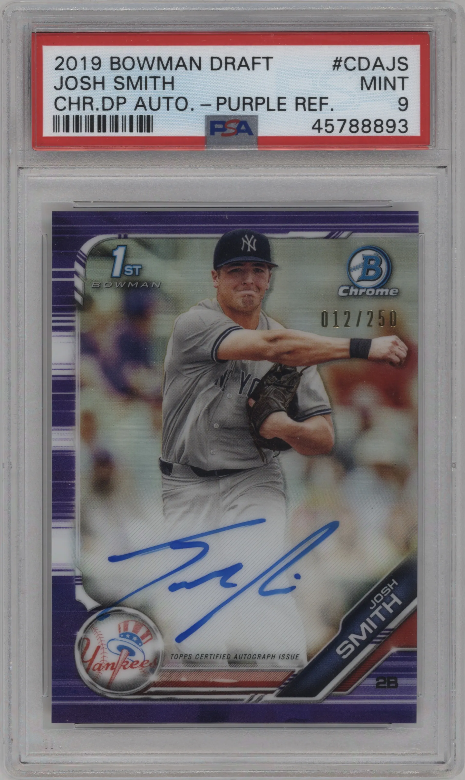 2019 Bowman Draft Chr.DP Auto Josh Smith Purple Refractor #CDA-JS PSA 9