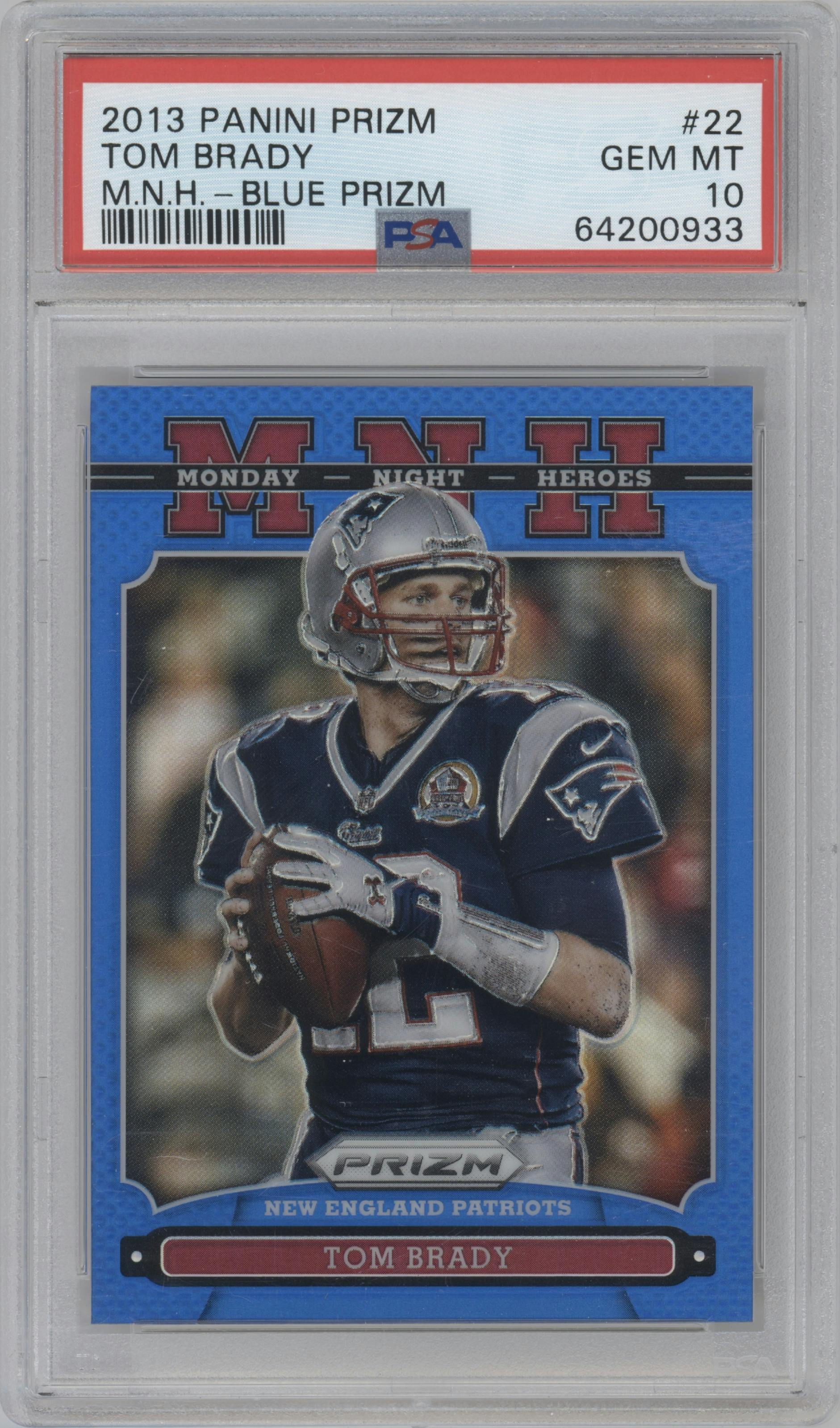 Tom Brady from the 2013 Panini Prizm set featuring a Blue parallel graded by PSA and given an overall grade of 10.