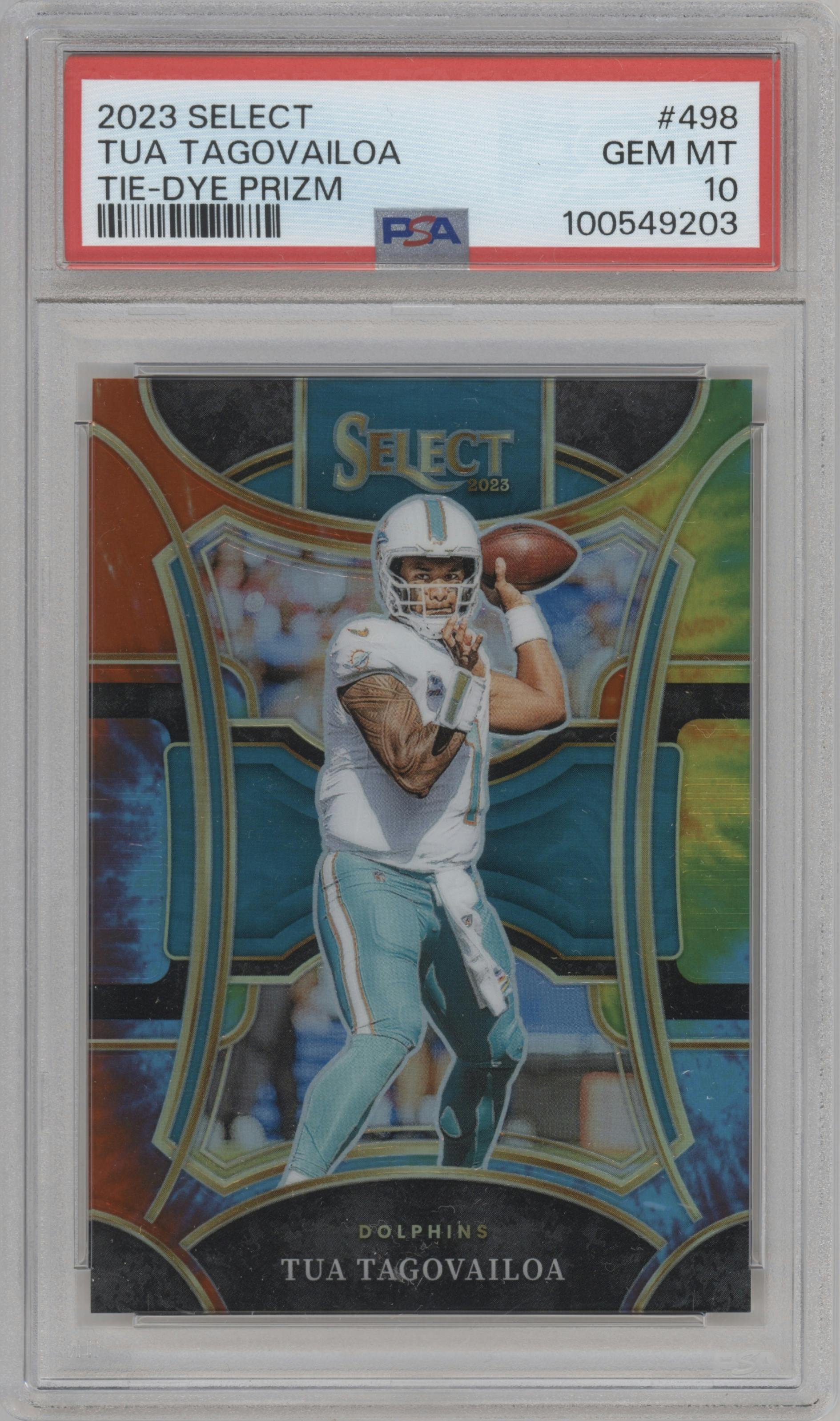 Tua Tagovailoa from the 2023 Panini Select set featuring a Tie-Dye parallel graded by PSA and given an overall grade of 10.