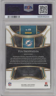 Tua Tagovailoa from the 2023 Panini Select set featuring a Tie-Dye parallel graded by PSA and given an overall grade of 10.