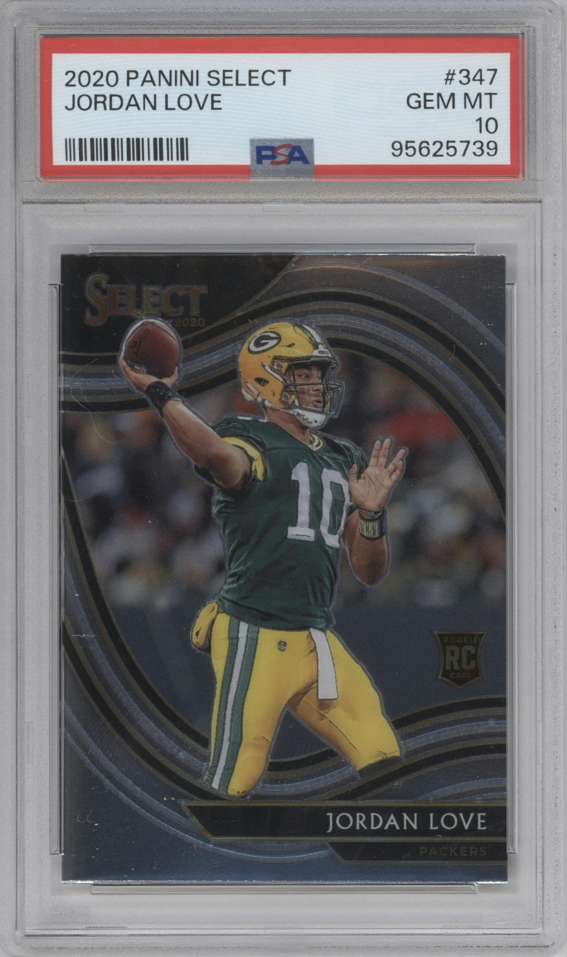 Jordan Love from the 2020 Panini Select set graded by PSA and given an overall grade of 10.
