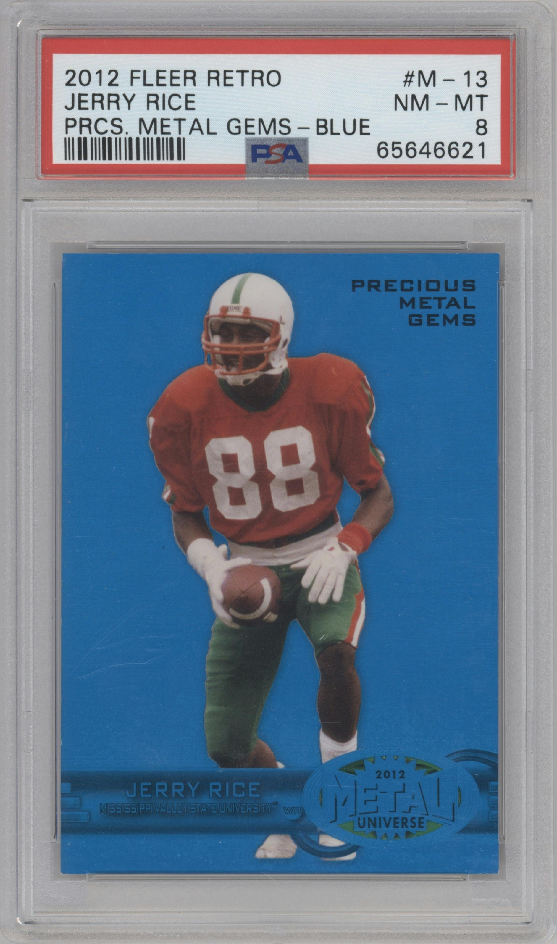 Jerry Rice from the 2012 Fleer Retro set featuring a Blue parallel graded by PSA and given an overall grade of 8.
