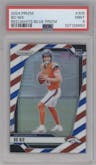 Bo Nix from the 2024 Panini Prizm set featuring a Red/White/Blue Prizm parallel graded by PSA and given an overall grade of 9.