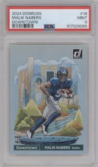 Malik Nabers  from the 2024 Donruss set graded by PSA and given an overall grade of 9.