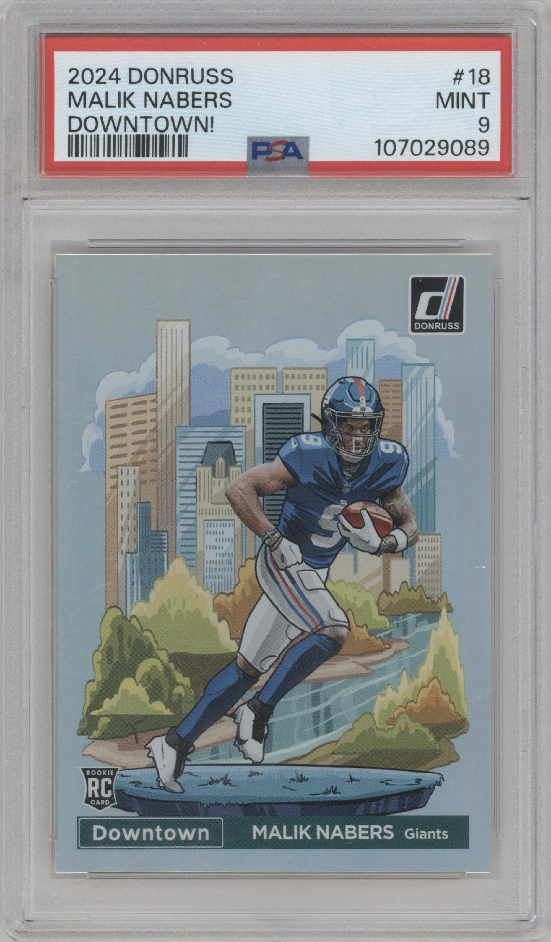 Malik Nabers  from the 2024 Donruss set graded by PSA and given an overall grade of 9.