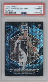 Victor Wembanyama from the 2023-24 Panini Mosaic set featuring a Genesis parallel graded by PSA and given an overall grade of 10.