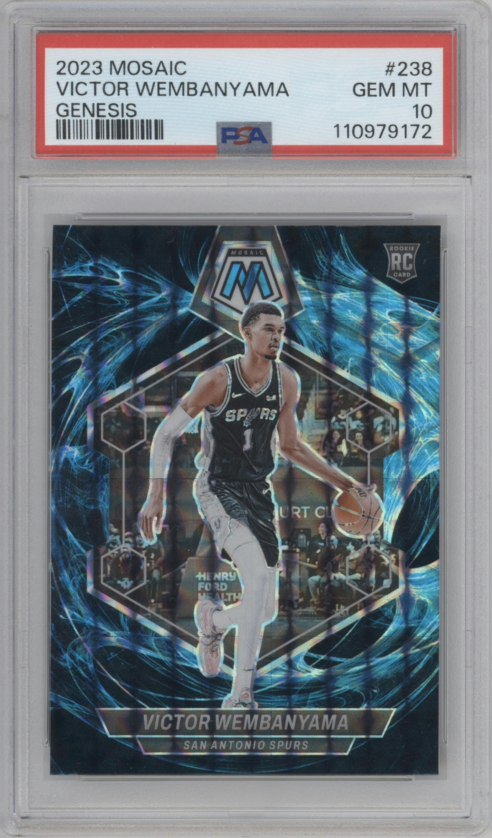 Victor Wembanyama from the 2023-24 Panini Mosaic set featuring a Genesis parallel graded by PSA and given an overall grade of 10.