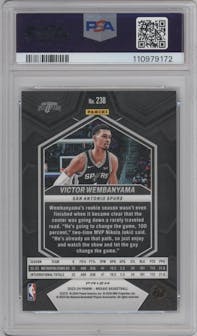 Victor Wembanyama from the 2023-24 Panini Mosaic set featuring a Genesis parallel graded by PSA and given an overall grade of 10.