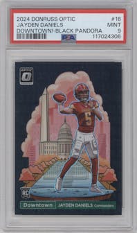 Jayden Daniels from the 2024 Donruss Optic set featuring a Black Pandora parallel graded by PSA and given an overall grade of 9.