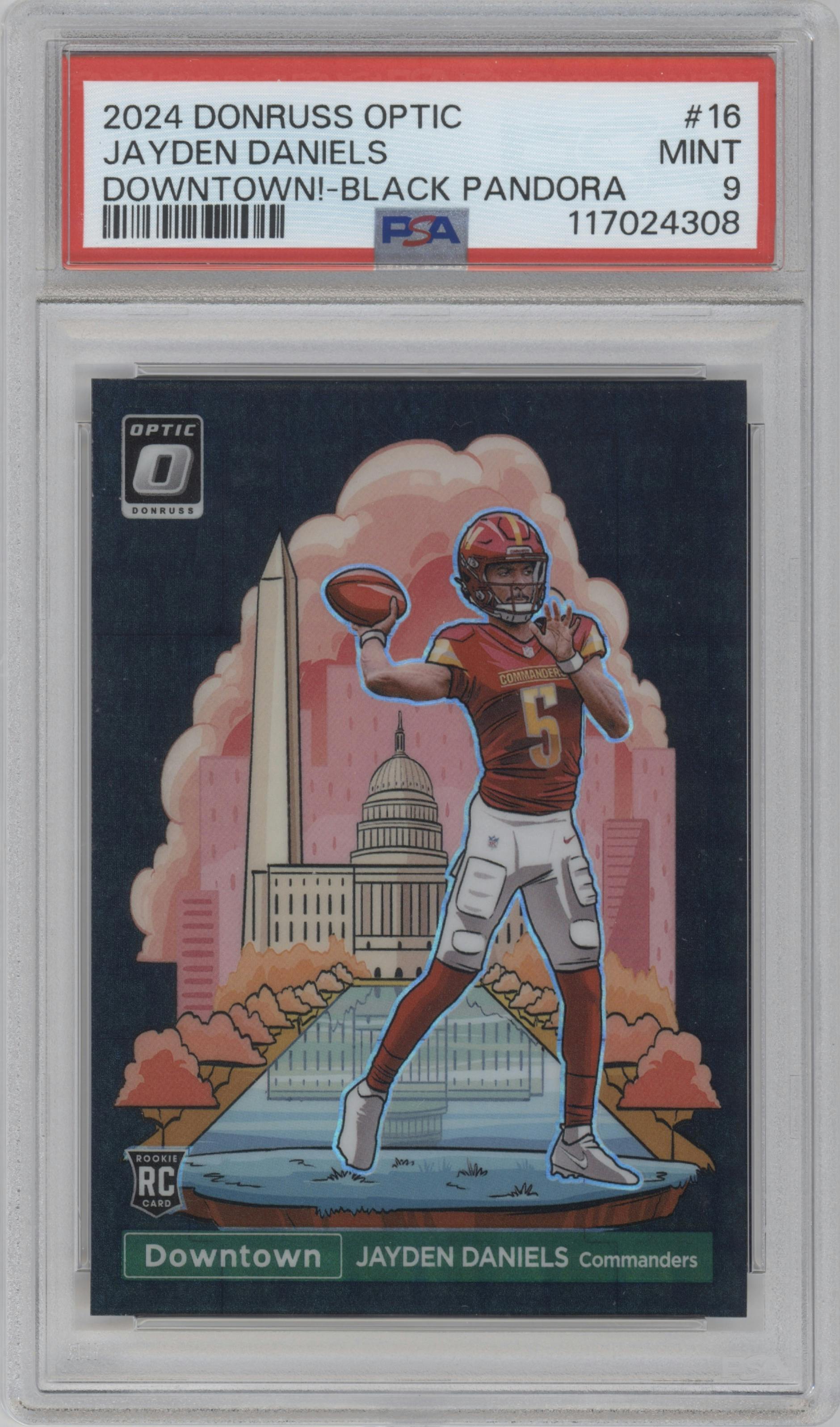 Jayden Daniels from the 2024 Donruss Optic set featuring a Black Pandora parallel graded by PSA and given an overall grade of 9.