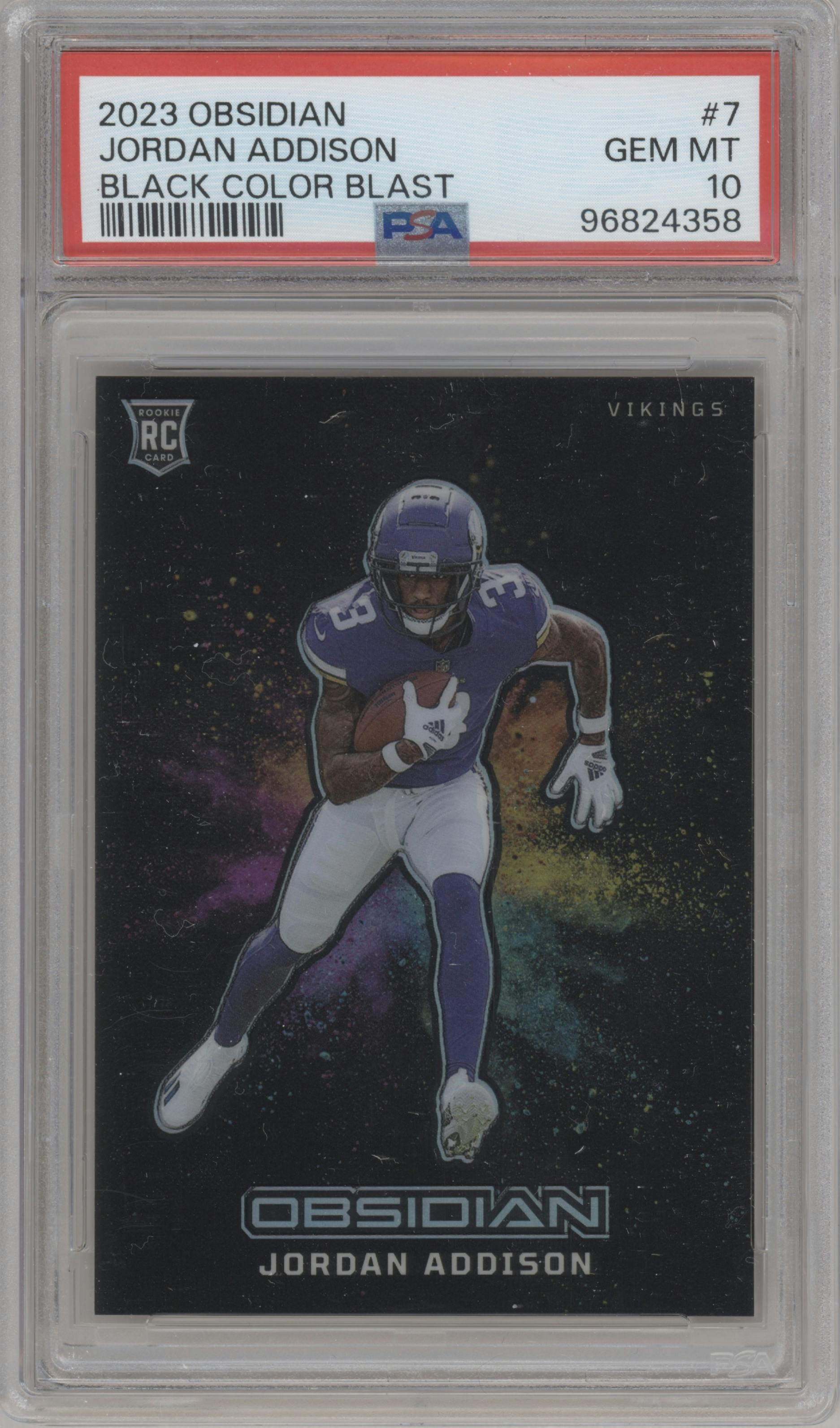 Jordan Addison from the 2023 Panini Obsidian set graded by PSA and given an overall grade of 10.