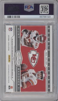 Kareem Hunt/Patrick Mahomes II from the 2018 Panini Plates & Patches set featuring a Blue parallel graded by PSA and given an overall grade of 10.