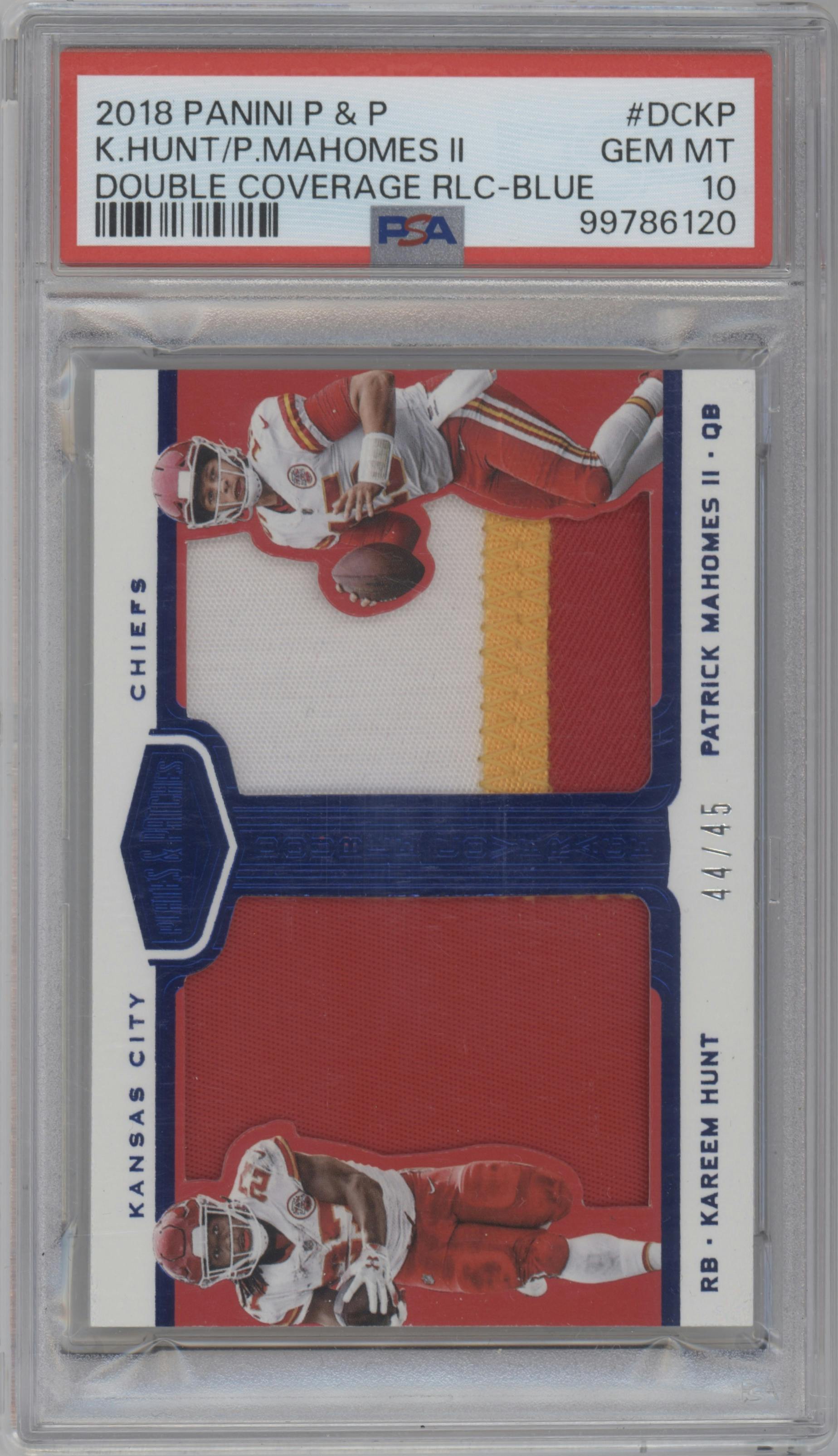 Kareem Hunt/Patrick Mahomes II from the 2018 Panini Plates & Patches set featuring a Blue parallel graded by PSA and given an overall grade of 10.