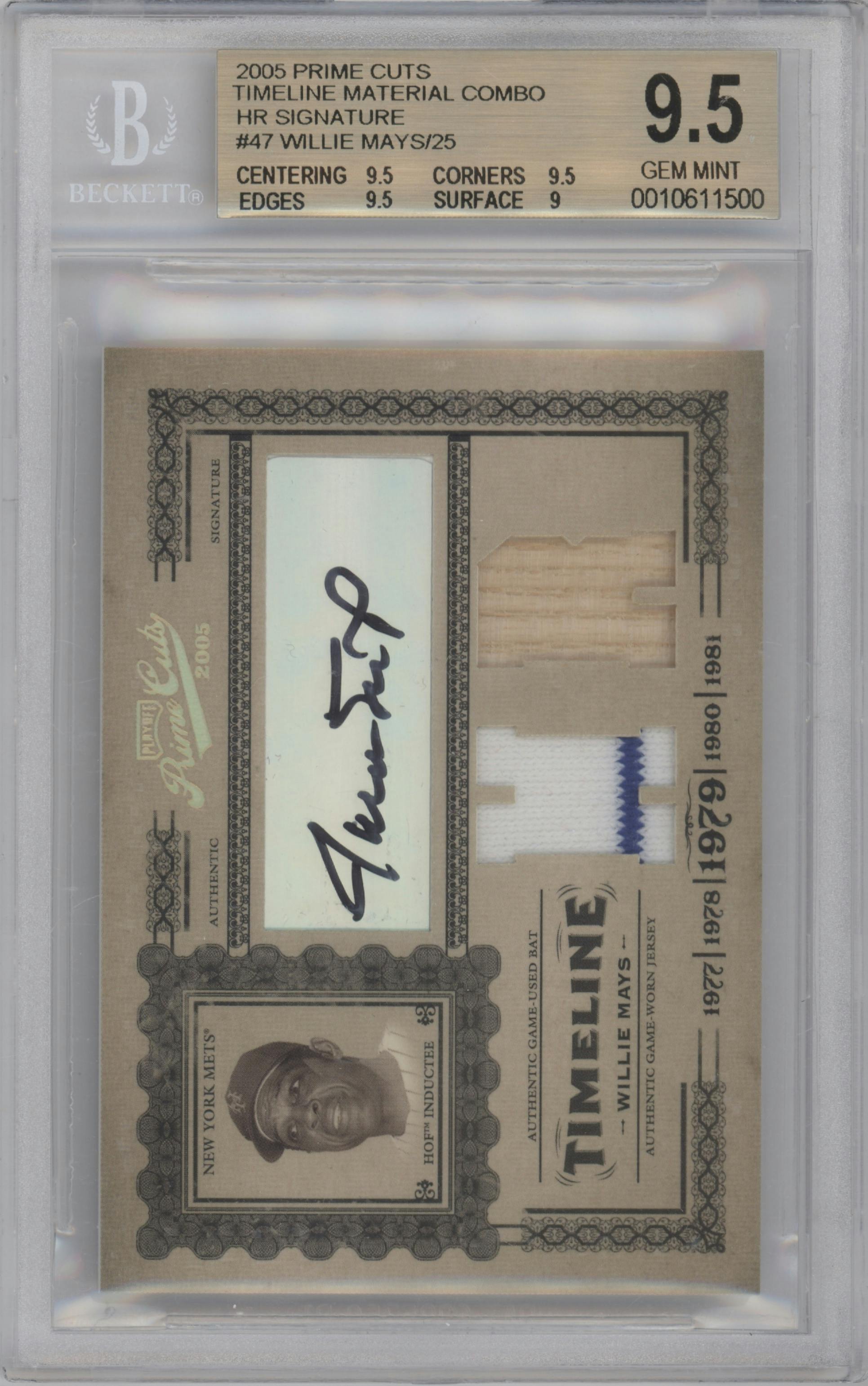 Willie Mays from the 2005 Playoff Prime Cuts set graded by Beckett and given an overall grade of 9.5.