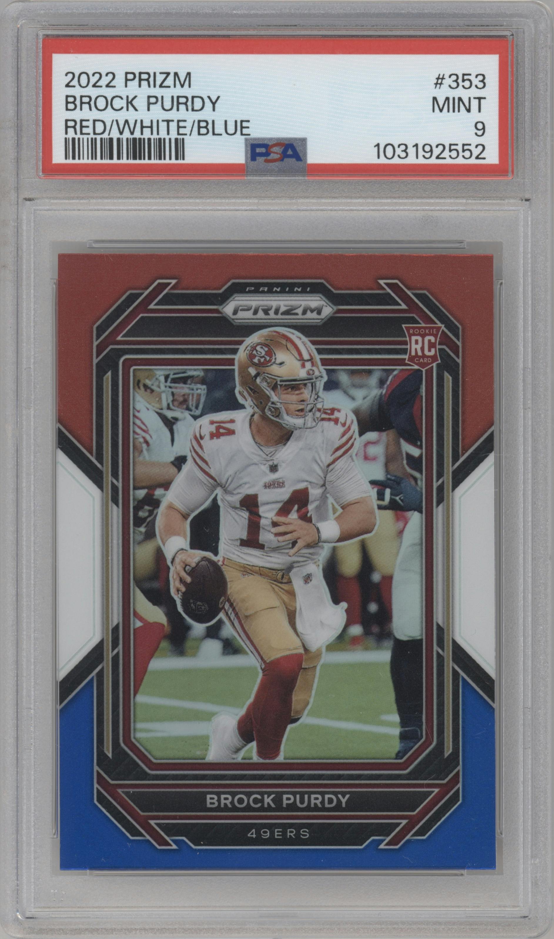 Brock Purdy from the 2022 Panini Prizm set featuring a Red/White/Blue Prizm parallel graded by PSA and given an overall grade of 9.