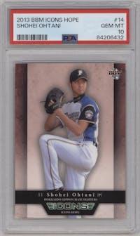 Shohei Ohtani from the 2013 BBM Icons Hope set graded by PSA and given an overall grade of 10.