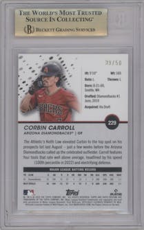 Corbin Carroll from the 2023 Topps Pristine set featuring a Gold Refractor parallel graded by Beckett and given an overall grade of 9.5.